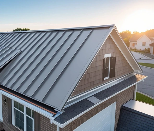 Gray metal roofing on a modern house. Durable and stylish roofing solution.