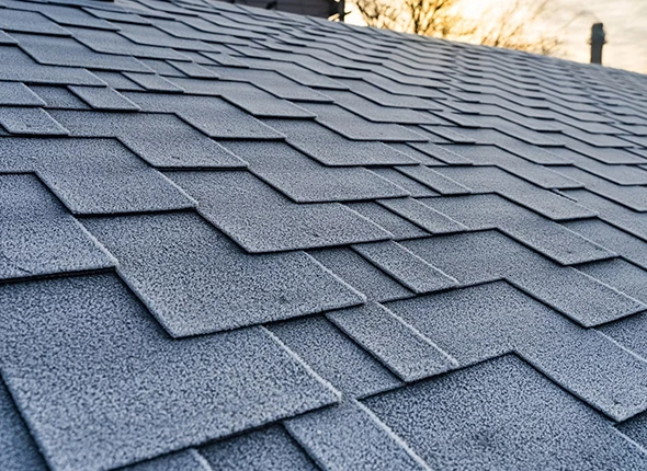 Close-up of a gray shingle roof, relevant for shingle roof repair information.